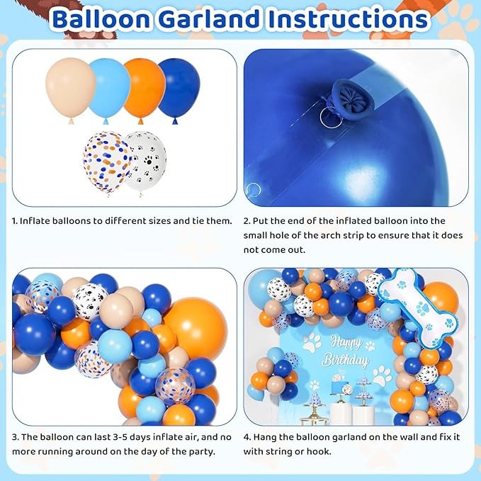 121Pcs Blue Birthday Party Supplies Balloons Garland Kit, Blush Nude Blue Orange Dog Paw Balloons Arch Bone Balloon for Boys Girls Baby Blue Shower Graduation Birthday Party Decorations