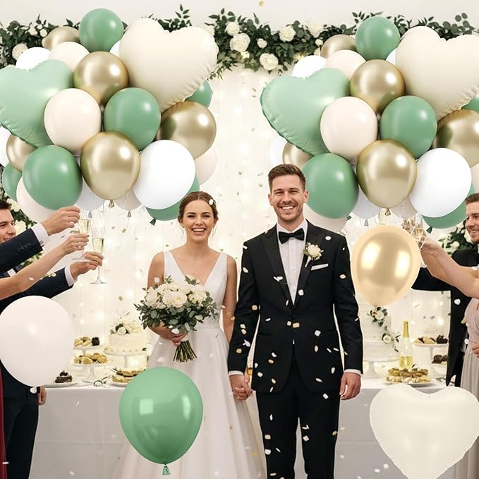 Sage green Gold Balloons, 12inch Sage green Sand White Metallic Gold Confetti Balloons with Star Foil Balloon for Netural Boho Birthday Wedding Bridal Engagement Party Decorations