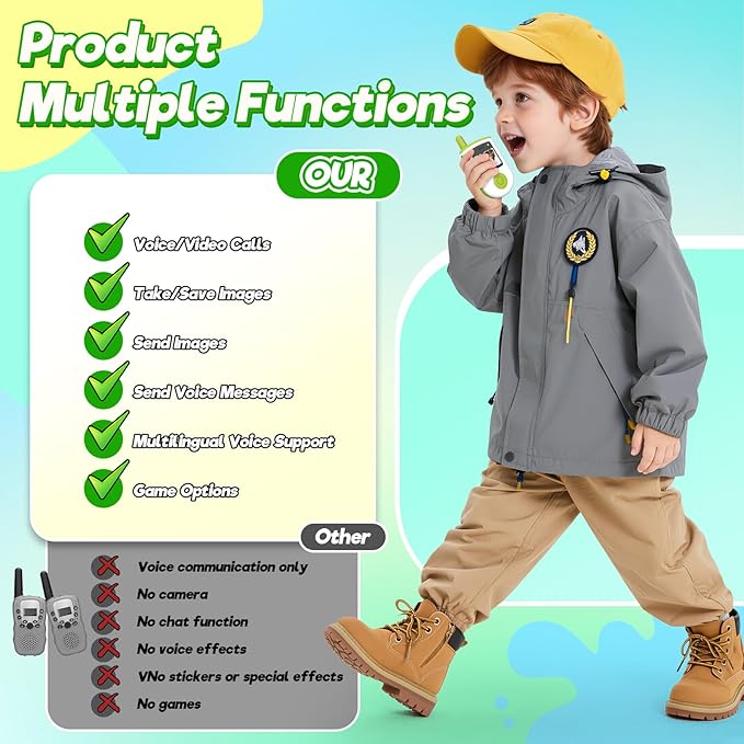 Video Walkie Talkies for Kids - 2 Pack Rechargeable Video Intercom Kids Walkie Talkies with Three Games & Sticker Effect, Indoor Outdoor Toys for Family Games, Birthday Gift for Boys Girls Ages 3-8