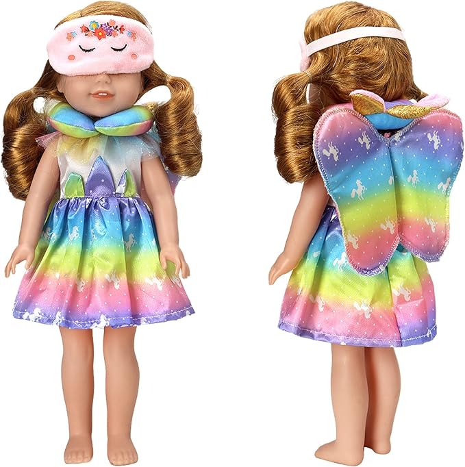 ONEST 5 Pieces 14 to 14.5 Inch Doll Clothes Doll Sleeping Bag for Dolls Include Unicorn Clothes Sleeping Bag, Pillow, Eye Mask, U Shaped Pillow