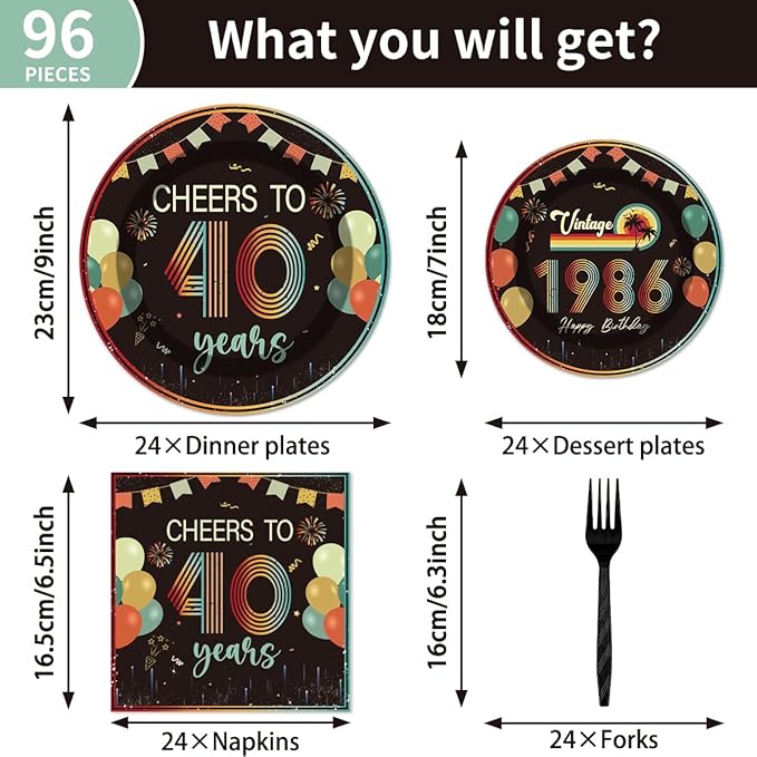 96Pcs Vintage 40th Birthday Decorations Tableware Set Back in 1986 Paper Plates Napkins Forks Cheers to 40 Years Disposable Tableware Decor for Women Men 40th Birthday Party Favor Serve 24 Guests
