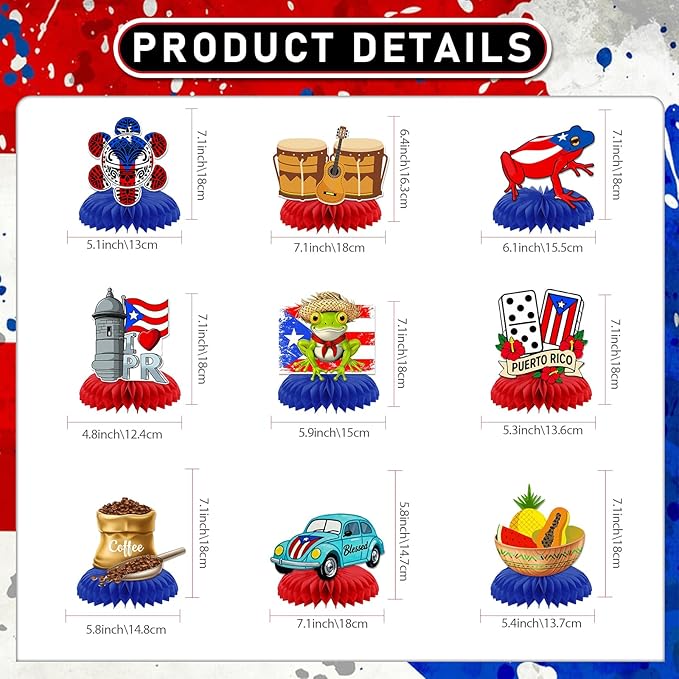 Puerto Rico Party Decorations: 9PCS Puerto Rico Honeycomb Centerpieces for Tables Puerto Rican Rapper Theme Party Decorations Puerto Rican Table Decor for Birthday Patriotic Festival Party Supplies