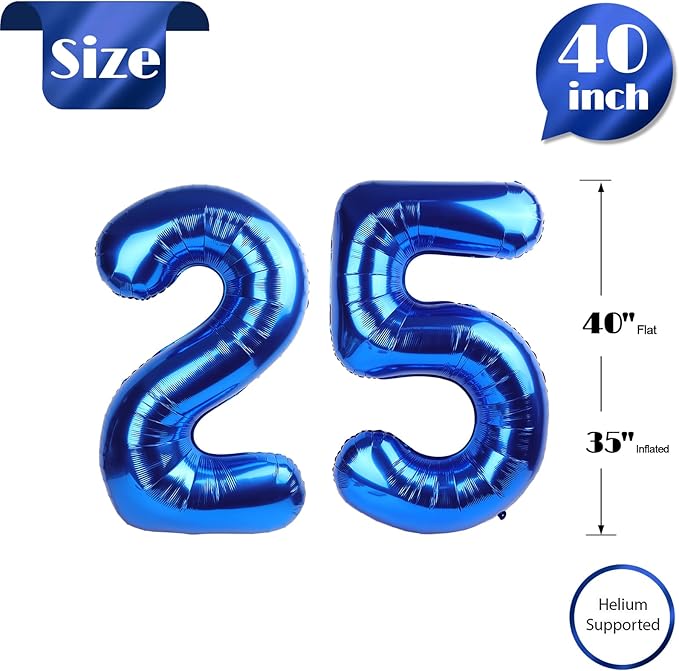 Navy Blue Number 25 Balloon 40 inch, 25 Number Balloons, 25th Navy Blue Birthday Decorations, 25 Year Old Women Men Blue Party Supplies