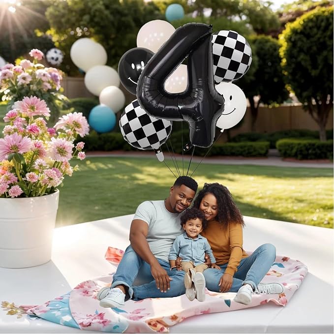 100% LIKED- 40” Black Four|Black & White Smiley Face Latex |Checkered Foil for Birthday Decorations, Smiley Face Party Deco, Baby Shower, 4th Birthday Party Supplies
