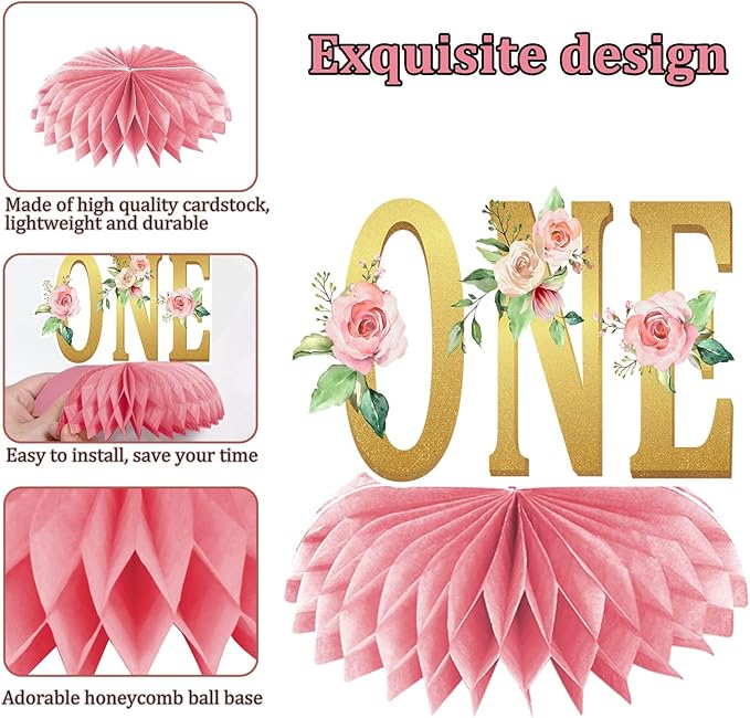 10Pcs Miss Onederful Birthday Decorations Honeycomb Centerpieces for Baby Girls, Pink Rose Gold 1st Birthday Table Centerpiece Party Supplies, Floral First Birthday Table Topper Sign Decor