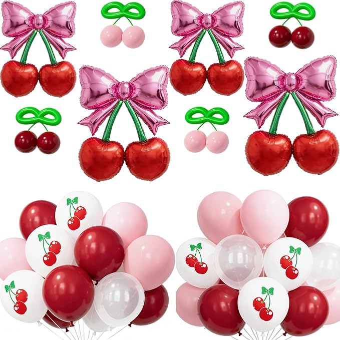 Bonropin 76pcs Pink Bow Red Cherry Balloons with Red Pink Cheery Print Balloon for She's The Cherry On Top Party Foil Balloon Berry First Birthday Decorations Baby Shower Bridal Wedding Party Supplies