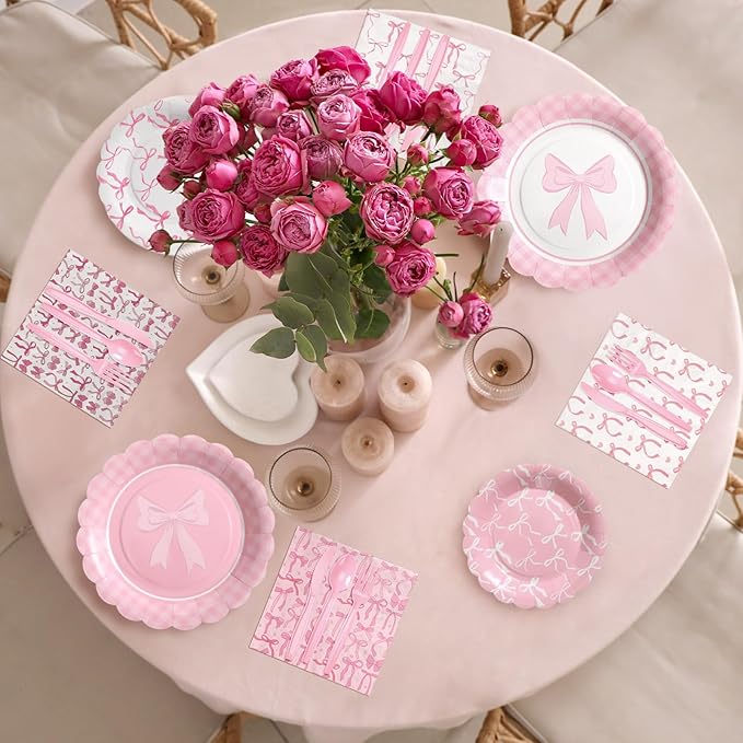 350 Pcs Pink Bow Birthday Party Supplies Include Bow Plates Napkins Disposable Tableware Set Coquette Birthday Decorations for Girls Wedding Bridal Baby Shower Serve 50 Guest