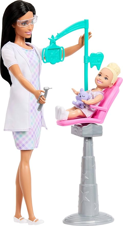 Barbie Careers Dentist Playset with Brunette Doll Wearing White Coat, Toddler Small Doll, Examination Chair & Accessories