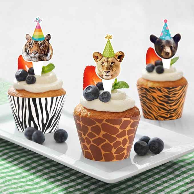 Hxezoc 48 Pack Safari Animals Party Cupcake Toppers and Wrappers, Jungle Animal Cake Decoration for Wild Theme Birthday Parties