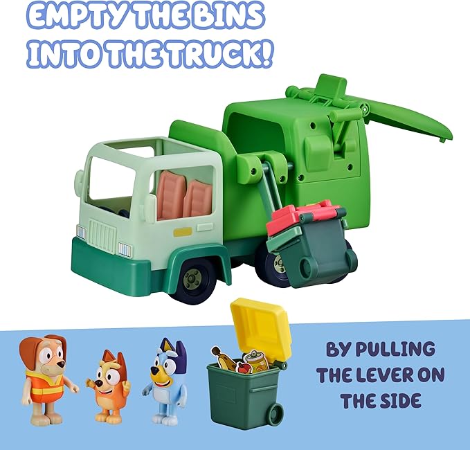 Bluey Garbage Truck Playset, Bingo & Bin Man Figures, Garbage Truck Toys for Boys Age 4-7 w/ Characters, Interactive Lever Action