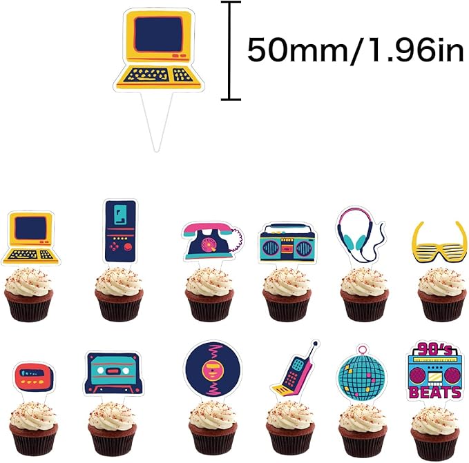 Cupcake Topper 24 pcs Retro Cake Toppers 90's Vintage Theme Cake Decorations Supplies Favors, Cake Picks For Birthday Anniversary Baby Shower Wedding Engagement Party Decorations