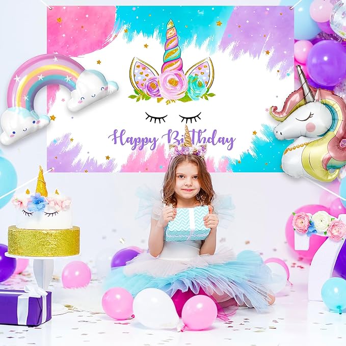 Unicorn Birthday Decorations Party Supplies for Girls, Purple Unicorn Balloon Arch with Backdrop Tablecloth Rainbow Star Foil Balloons, Princess Girls Unicorns Party Decorations Supplie