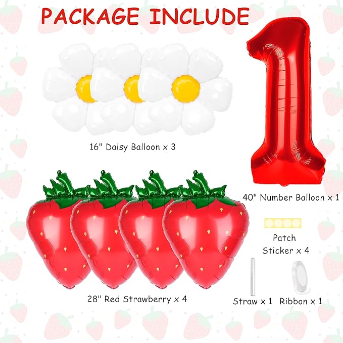 8pcs Berry First Birthday Decor Berry 1st Birthday Decorations for Girl with 40" Red One Balloon for First Bday Decorations Foil Helium Balloons 1st Girl Party Supplies