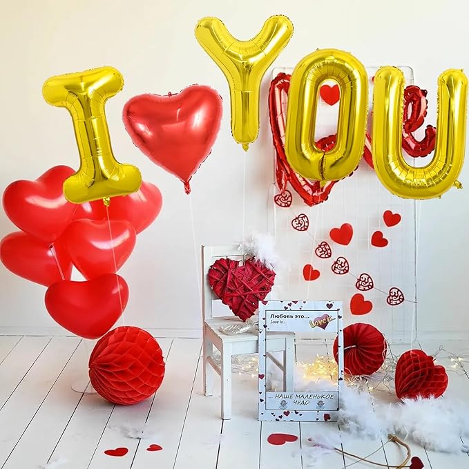 TONIFUL 40 Inch I Love You Balloons Big I Heart YOU Foil Letter Heart Shaped Balloons Decoration for Valentine's Day Wedding Bridal Shower Anniversary Engagement Party Supplies（Gold 5Pcs）