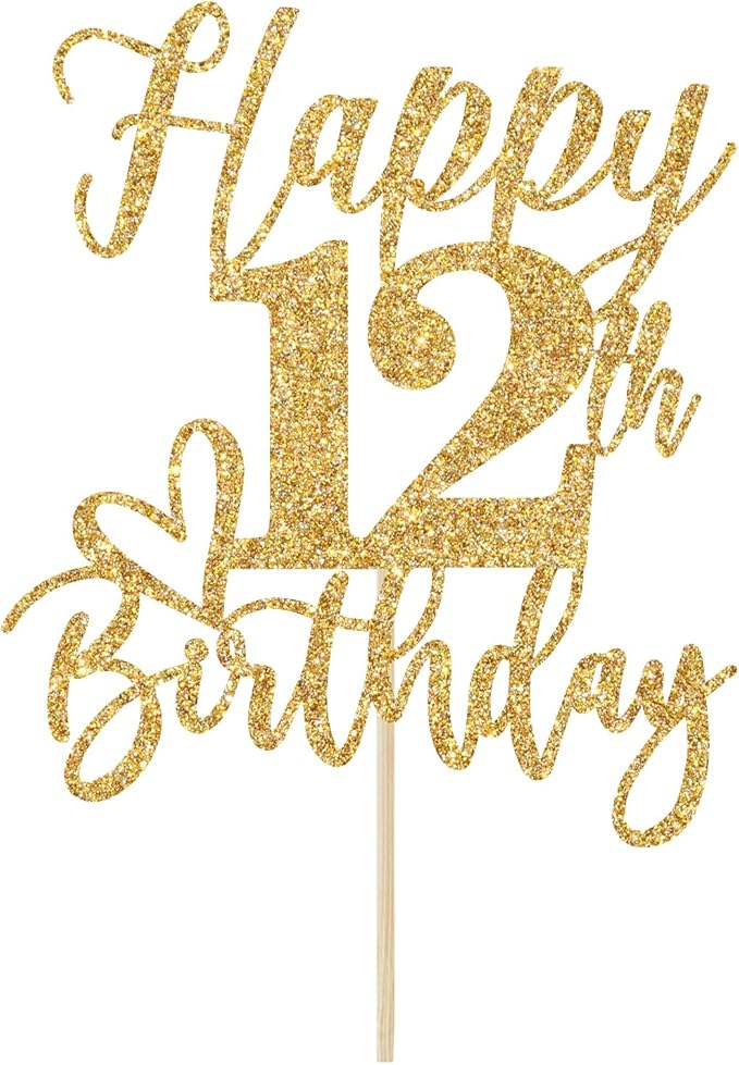 Gold Glitter Happy Birthday Cake Topper, Funny Party Supplies for 12th Birthday