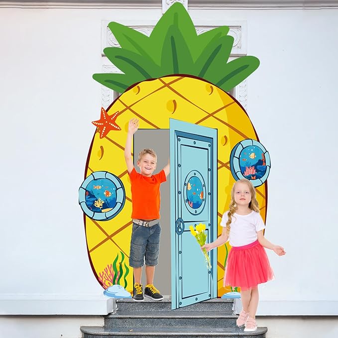 Pineapple Party Decorations Carton Sponge Birthday Porch Banner Backdrop Yellow Cartoon Party Supplies Door Decoration Banner Sea Animals Photo Booth Backdrop Hanging for Sponge Birthday Photo Props