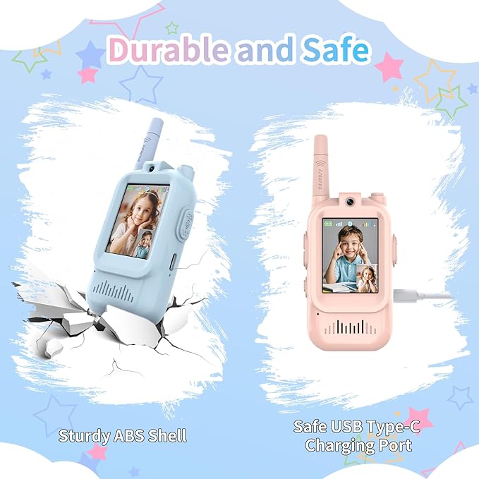 Walkie Talkies for Kids, Video Walkie Talkies 2 Pack with Screen Display, Rechargeable Toy Radios for Ages 3-12, Voice Changer & Real-Time Video Chat, Long Range, Gifts for Boys Girls (Blue & Pink)