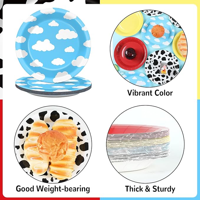 48Pcs Cartoon Story Birthday Party Paper Plates for Toy Inspire Game Story Table Supplies 7" Cow Print Sky Blue Cloud Disposable Dessert Tableware for Kids Birthday Baby Shower Party Decorations