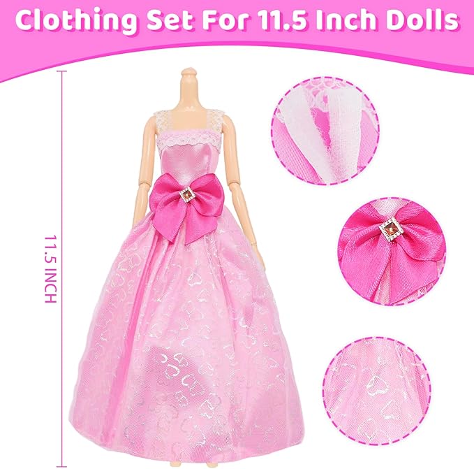 Ecore Fun 101 Pcs Doll Clothes and Accessories Set for 11.5 Inch Dolls - 5 Wedding Gowns 12 Fashion Dresses 2 Tops 2 Pants 2 Swimsuits 10 Shoes and Other Accessories Dress up Toys for Girls Kids