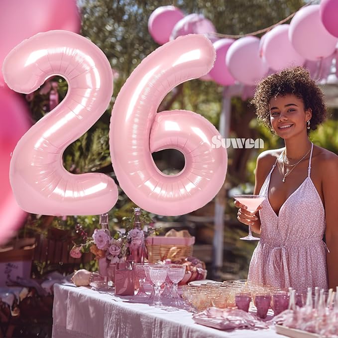 SUWEN 40 Inch Pink Large 26 Number Balloons Big Foil Helium Number Balloons 0-9 Jumbo Happy 26th Mylar Birthday Party Decorations for Girl or Women 62 Anniversary Party Supplies