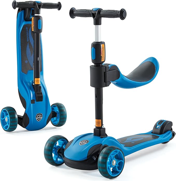 GLAMUP Kids Scooter, 2-in-1 Folding Kick Scooters, Adjustable Height, Safety Lock, 3 Wheel Kick Scooter for Boys and Girls Ages 3-14