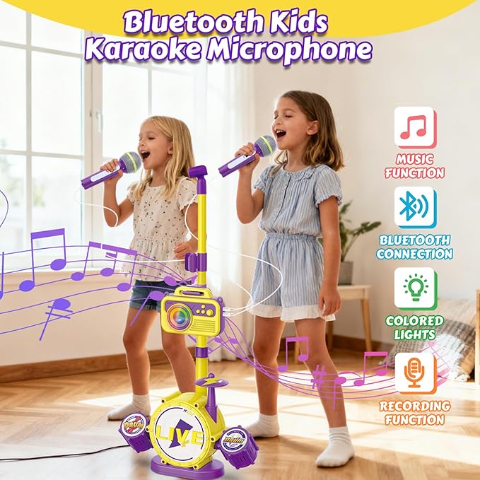 Kids Karaoke Microphone with Adjustable Stand – Bluetooth Kids Karaoke Machine with Lights, Voice Changer, & Recording –Microphones for Singing, Christmas & Birthday Gifts for Girls-Yellow