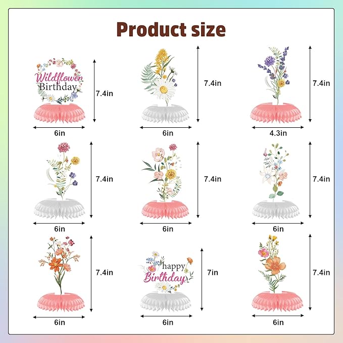 Flower Birthday Table Decorations - 9PCS Wildflower Spring Party Decor Supplies With Floral Honeycomb Centerpiece for Girls and Women