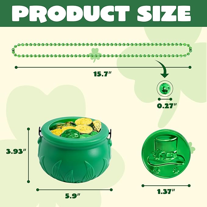 JOYIN 119 Pcs St. Patrick’s Party Supplies Set, 18 Bead Necklaces, 100 Plastic Coins and 1 Cauldron, St Patrick’s Day Party Favor Supply (Green Cauldron, Bead Necklace, Green and Gold Coins)