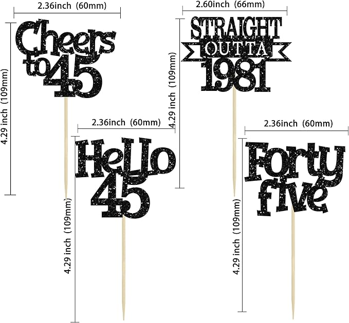 Ephlyn 24Pcs 45th Birthday Cupcake Toppers Glitter Straight Outta 1981 Cupcake Picks Hello 45 Cheers to 45 Years Cake Decorations for 45th Birthday Anniversary Party Decorations Supplies Black