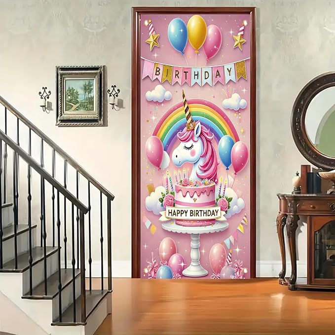 Unicorn Birthday Door Cover 71 x 35 inch Party Decoration Rainbow Cake Backdrop Door Banner for Girls Kids Birthday Celebration Photography Background Party Supplies