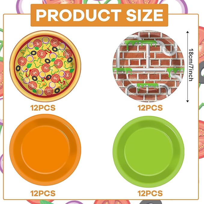 CHUNNIN 48 PCS Turtle Paper Plates Pizza Green Turtle Birthday Party Decorations Disposable Dessert Plates for Video Game Cartoon Themed Birthday Party Supplies