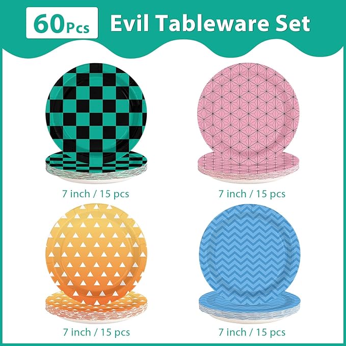 60Pcs Demon Party Paper Plates 7 Inch Disposable Heavy Duty Anime Demon Themed Birthday Dessert Plates Cartoon Film Comic Theme Decorations for Boys Girls Birthday Party Supplies