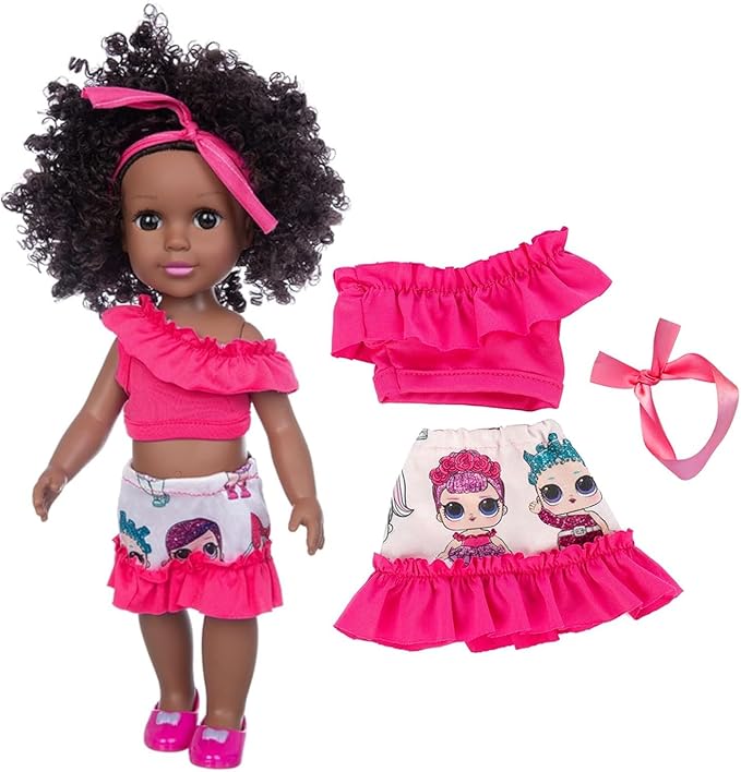 XFEYUE14.5 inch Black Doll and 2 Sets Clothes Accessories, African American Baby Girl Doll Including Glasses, Camera, Bag &Shoes for Kids Girls