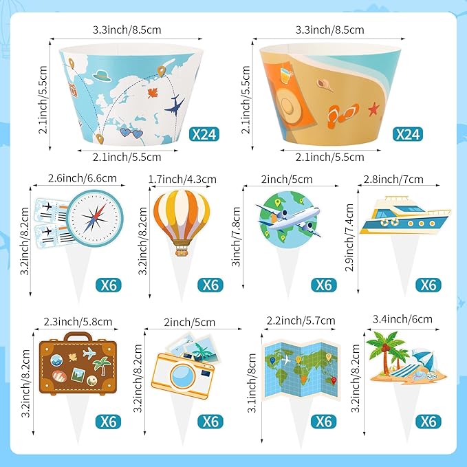48 Pack Travel Cupcake Toppers and Wrappers, World Travel Party Cake Decoration for Adventure Travel Theme Birthday Party Baby Shower Supplies