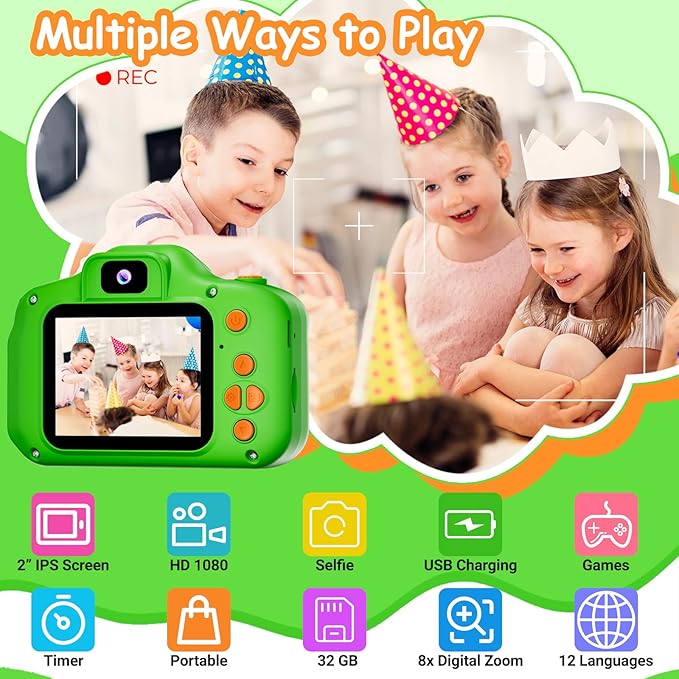 Kids Camera for Girls Boys Age 3-9, 1080P HD Toddler Camera, Kids Selfie Digital Camera with 32GB SD Card, Portable kids Toys for 3 4 5 6 7 8 9 Years Old, Christmas Birthday Present,Green