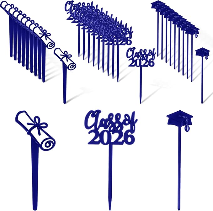 Boao 90 Pieces Class of 2026 Theme Graduation Cake Topper Plastic Cupcake Picks Graduation Cupcake Decorations for Party Supplies and Favors, 3 Styles(Blue)