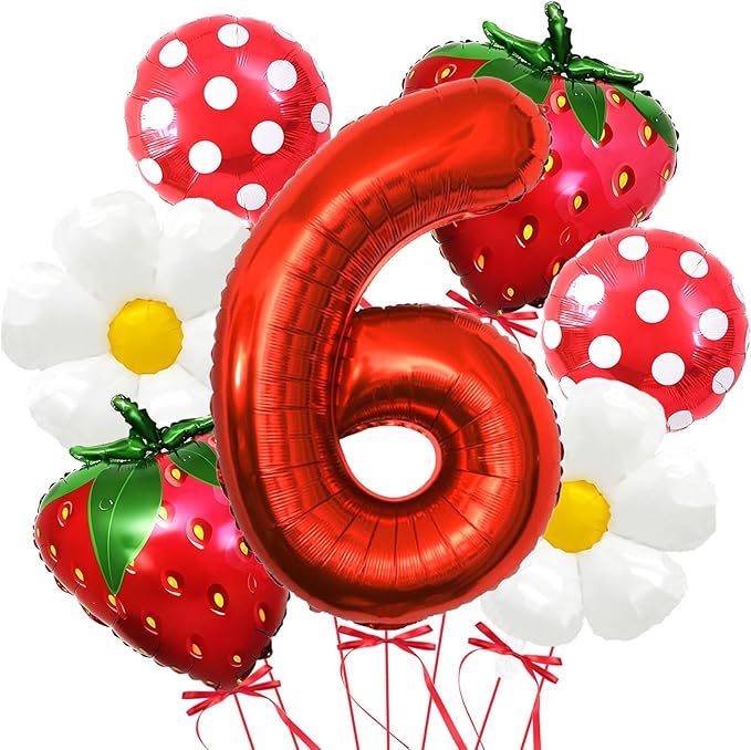 Strawberry Balloons Sixth Birthday Decorations for Girl, 40 Inch Mylar Red Number 6 Balloons, Strawberry Balloon for Strawberry Party Decorations, Strawberry Birthday Decorations
