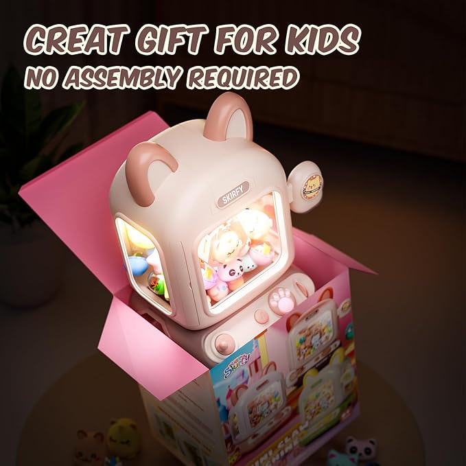Skirfy Mini Claw Machine for Kids,Vending Machine, Prize Dispenser Toys for Girls and Boys, Electronic Game for Party Birthdays Includes 32 Mini Toys(Brown)