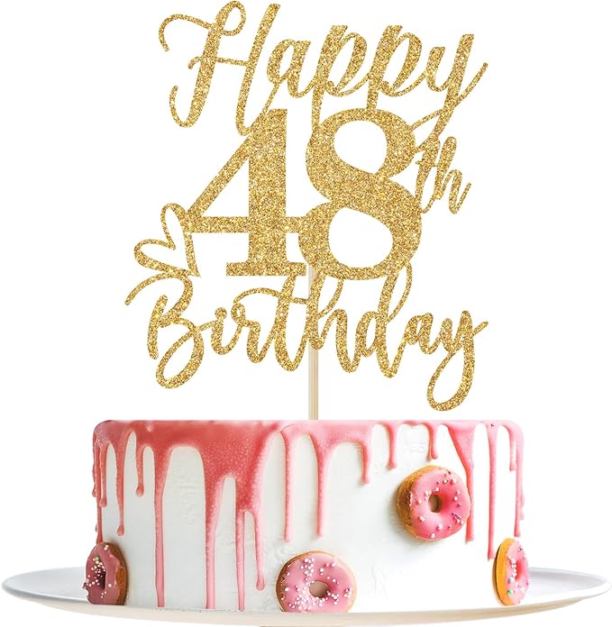 Happy 48th Birthday Cake Topper, 48th Birthday Decorations, Cheers to 48 Years, Hello 48, 48th Happy Birthday Party Supplies Gold Glitter