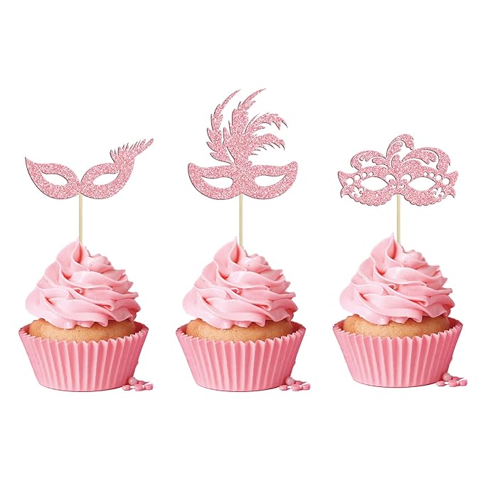 Gyufise 24Pcs Masquerade Masks Cupcake Toppers Pink Glitter Bachelorette Mask Cupcake Topper Mask Cake Picks Decorations for Masquerade Mardi Gras Party Baby Shower Birthday Party Supplies