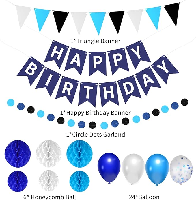 33 Packs Birthday Party Decorations, Happy Birthday Hanging Banner Circle Dot Triangles Honeycomb Balls Balloon Decor Set For Boys Girls Men Women Teen(Blue&Black)