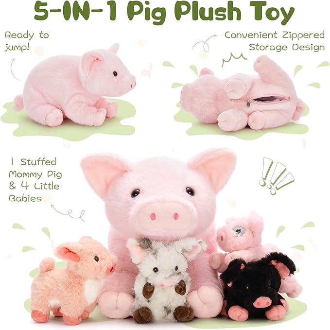 5 Pcs Pig Stuffed Animal Plush - Pink Mommy 16" with 4 Little Piggy in Her Zippered Tummy - Cute Plushie Toy Gift for Girls and Kids
