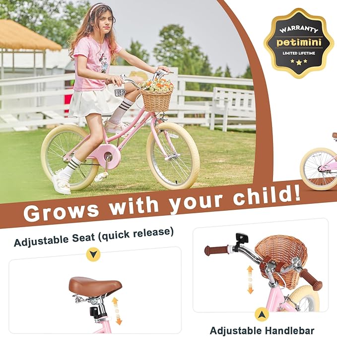 Petimini Vintage Kids Bike for Girls, 12–20 Inch Classic Bicycle with Wicker Basket & Bell, High Tensile Steel Frame, Training Wheels (12–18”), 85% Pre-Assembled, Retro Bike for Outdoor Riding