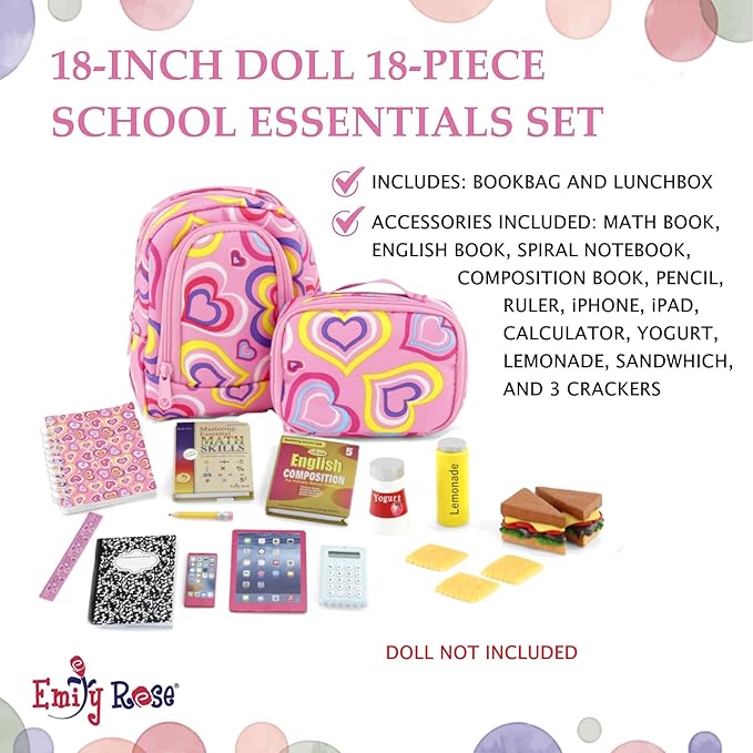 Emily Rose 18-Inch Doll School Essentials 18-PC Set - Backpack, Lunch Box & Working Calculator with Pretend Food - Premium USA Brand - Compatible with American Girl Dolls