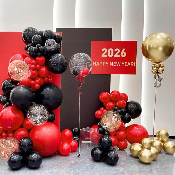 155Pcs Red Black Gold balloons Garland Arch Kit with Gold Confetti Balloons for Graduation Anniversary Casino Night Hollywood New Years Movie Night Birthday Decorations