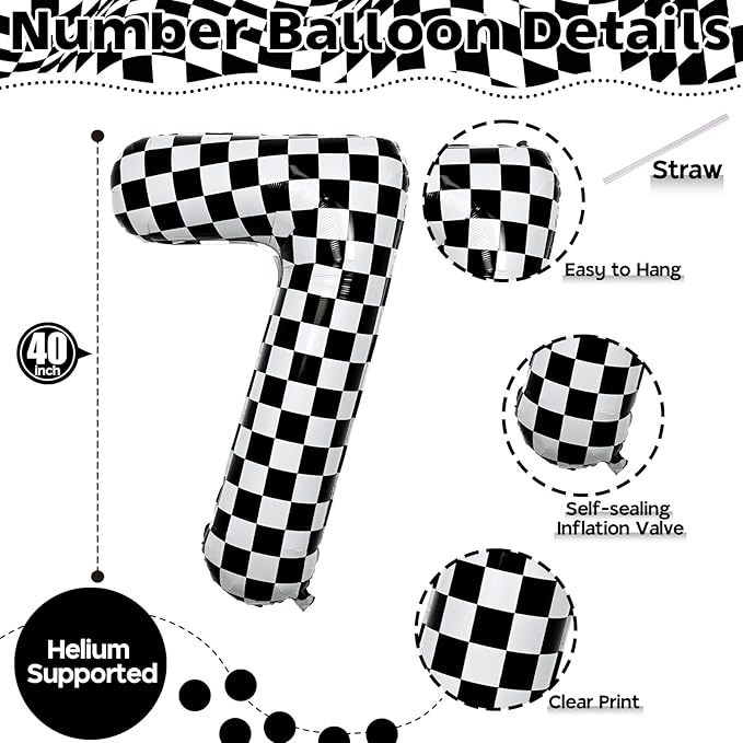 Number 7 Balloon for Boys, Giant Checkered Self Inflating Number 0-9 Set Decor for Girls, 40 Inch Foil Helium Black and White Racing 7 Balloon for 7th Birthday Race Car Flag Party Decoration Supplies