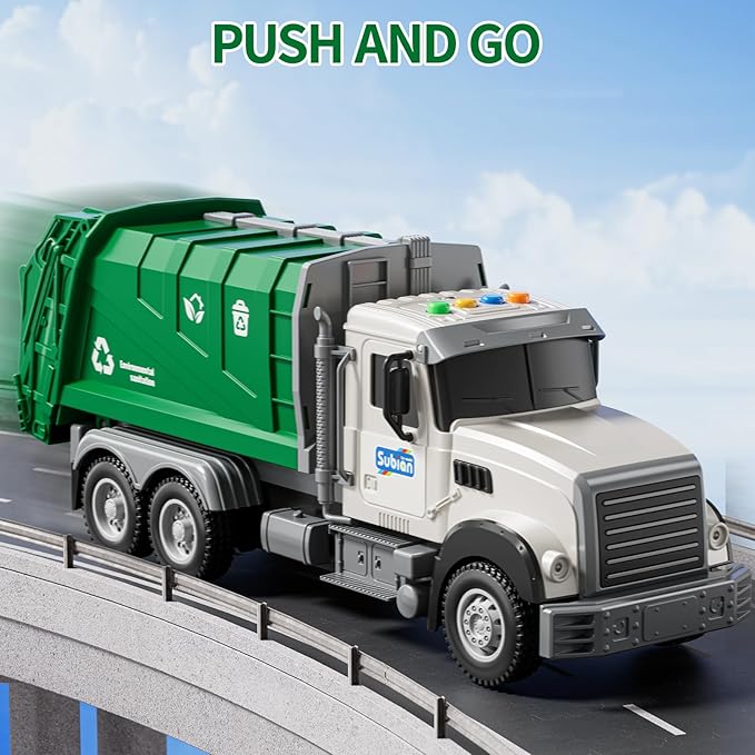 Kids Garbage Truck Toy Friction Powered Waste Management Garbage Recycling Truck with Lights, Sounds, 3 Rear Loader Trash Bins, Gifts for 3 4 5 6 7 8 Years Old Boys Girls