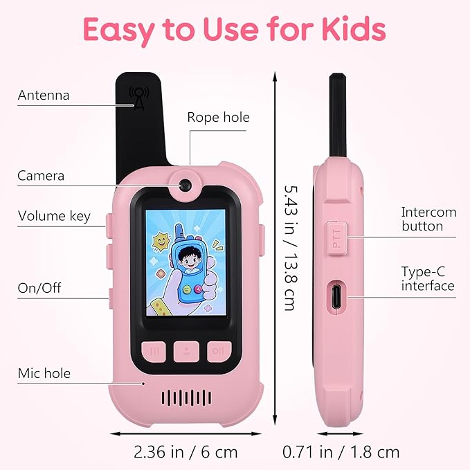 Video Walkie Talkies for Kids with Real-Time Screen & Voice Changer, 1000FT Long Range Kids Walkies Talkies, USB-C Rechargeable & Cute Stickers, Outdoor Toys for Family Games, Camping, Hiking