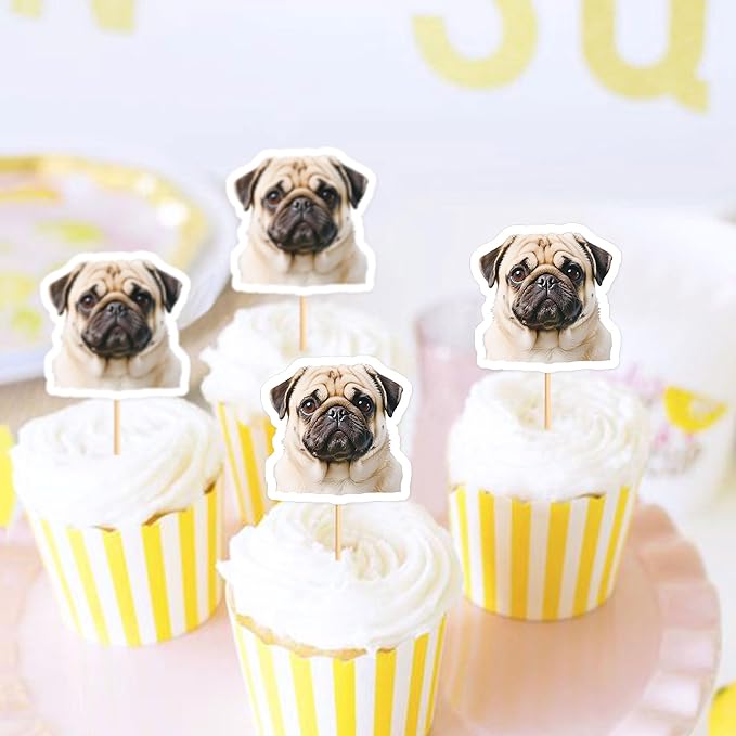Ercadio 24 Pcs Pet Dog Puppy Cupcake Toppers Dog Themed Birthday Party Supplies Cute Pugs Puppy Birthday Party Baby Shower Party Cake Decorations