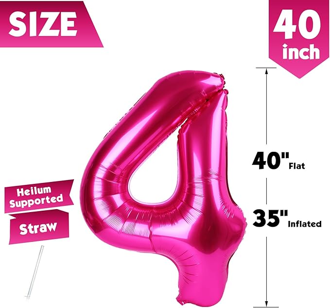 40 Inch Hot Pink Number 4 Balloon, Giant 4 Number Balloons for 4th Birthday Decorations, Party Supplies for Baby Boy Girl, Hot Pink Party Decor